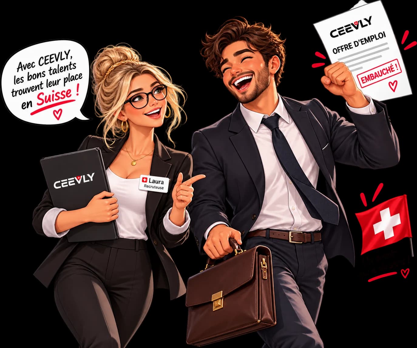 Laura, recruteuse, se réjouit avec un candidat qui brandit son offre d’emploi Ceevly marquée « Embauché ! », à côté d’un drapeau suisse.