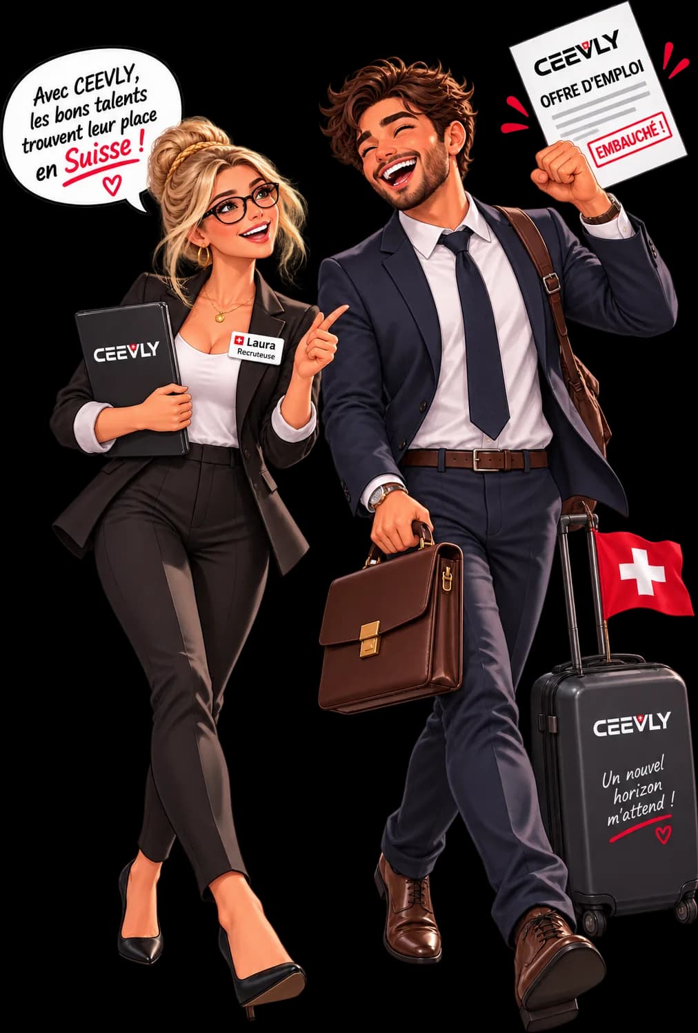 Laura, recruteuse, félicite un candidat qui brandit son offre d’emploi Ceevly marquée « Embauché ! », valise à la main et drapeau suisse : « Avec Ceevly, les bons talents trouvent leur place en Suisse ! »